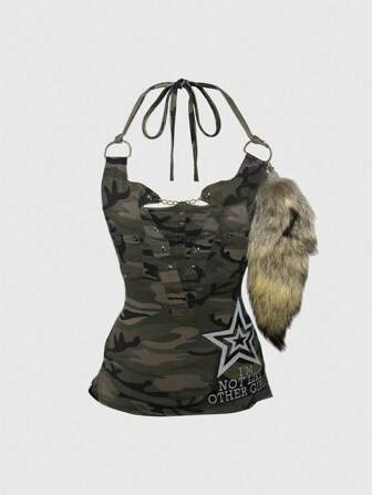 Grunge Punk Canotta aderente da donna con scollo a canottiera, stile Y2K vintage punk, con rivetti, stampa mimetica, catena e stella a cinque punte, taglia comoda, adatta per l'estate