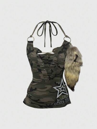 Grunge Punk Canotta aderente da donna con scollo a canottiera, stile Y2K vintage punk, con rivetti, stampa mimetica, catena e stella a cinque punte, taglia comoda, adatta per l'estate