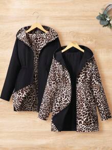 Teen Girl Reversible Leopard Print Hooded Casual Jacket Fall Winter - Black - View 4