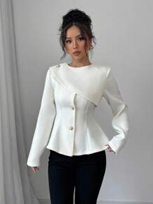 Selianne 粗花呢披肩领收腰优雅通勤夹克，淑女奢华外套 - 杏色 - 查看 2