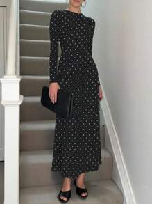 Cévolie 女士时尚波尔卡圆点修身系带长袖中长连衣裙 - 彩色 - 查看 3