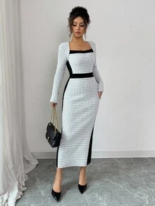 SHEIN Clasi Square Neck Color Block Fitted Dress, Women Long Dress Fall Cloth For Women - Multicolor - View 5