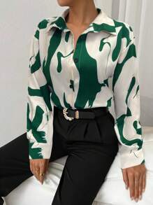 EMERY ROSE 女士长袖商务休闲衬衫，黑白配色，适合秋季、春季、大学校园穿着。 - 綠色 - 查看 3