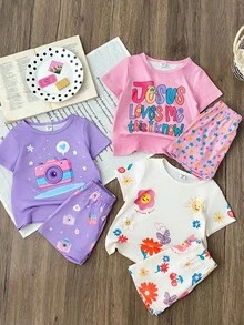 Conjunto de 3 pijamas com estampa de desenho animado para meninas