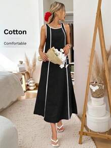 Easowa 春夏浪漫度假无袖圆领开衩下摆红粉色连衣裙，适合休闲浪漫度假，日常休闲通勤穿着