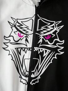 GODZILLAxKONG X SHEIN Tween Boy 街头酷炫运动休闲怪兽图案撞色连帽衫拉链针织黑白卫衣夹克 X KONG - 黑與白 - 查看 5