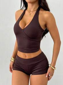 SHEIN PETITE 2 Pieces Women's Camisole And Shorts Pajama Set Burgundy - Brown - View 4