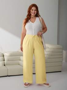 SHEIN EZwear Yellow Casual Loose Waist-Tie Plus Size Women Long Pants, Spring/Summer - Yellow - View 3