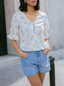 SHEIN Unity 女士复古风格轻洗夏季休闲棉质牛仔短裤，带口袋 - 淺色水洗藍 - 查看 6