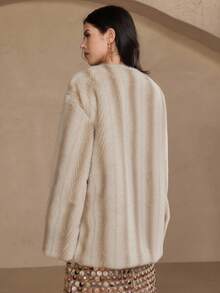 DAZY Women's Fluffy Colorblock Loose Casual Business Jacket, Elegant For New Year, Christmas, Wedding Party, Autumn/Winter Women Coats Modest Fashion - Beige - View 4
