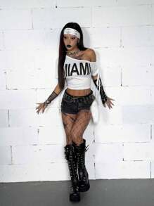 Coolane 女式夏季音乐会街头服饰 Y2K 休闲图案弹力宽松抽绳肩带不对称领口短款 T 恤 - 白色 - 查看 6