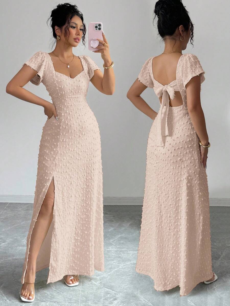 Rafferiza Solid Color Backless Bowknot With Lotus Sleeve High Slit Slim Elegant Spring/Summer Vacation Date Long Dress Summer Dress