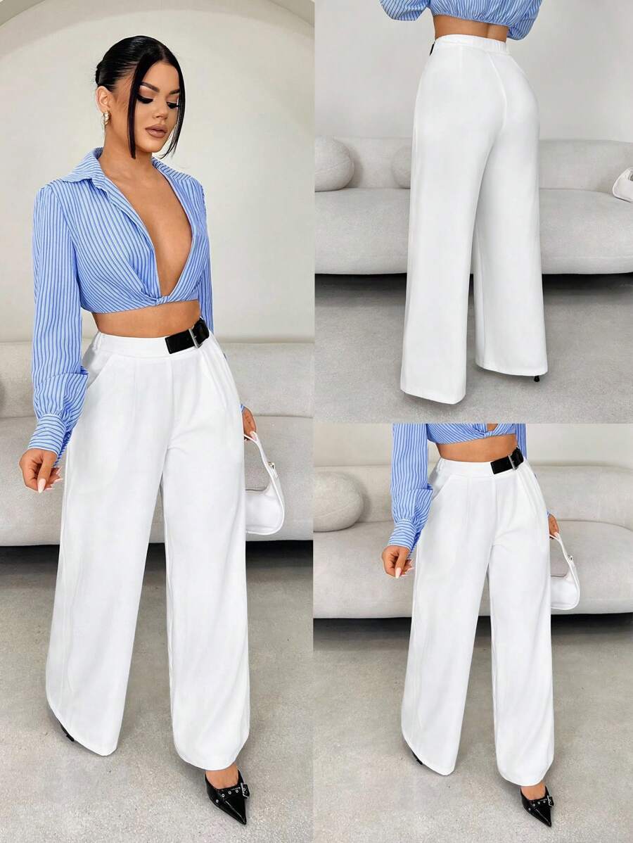 SHEIN SXY Business Casual Leather Belt Wide Leg Suit Pants, White Wide Leg Pants Women ,White Dress Pants, White Flare Pants ,White Pants ,Wide Leg Pants,Fall Women Clothes,Teacher Outfits For Women,Back To School,Business Casual Woman,Work Pants,Old Money - White - View 1