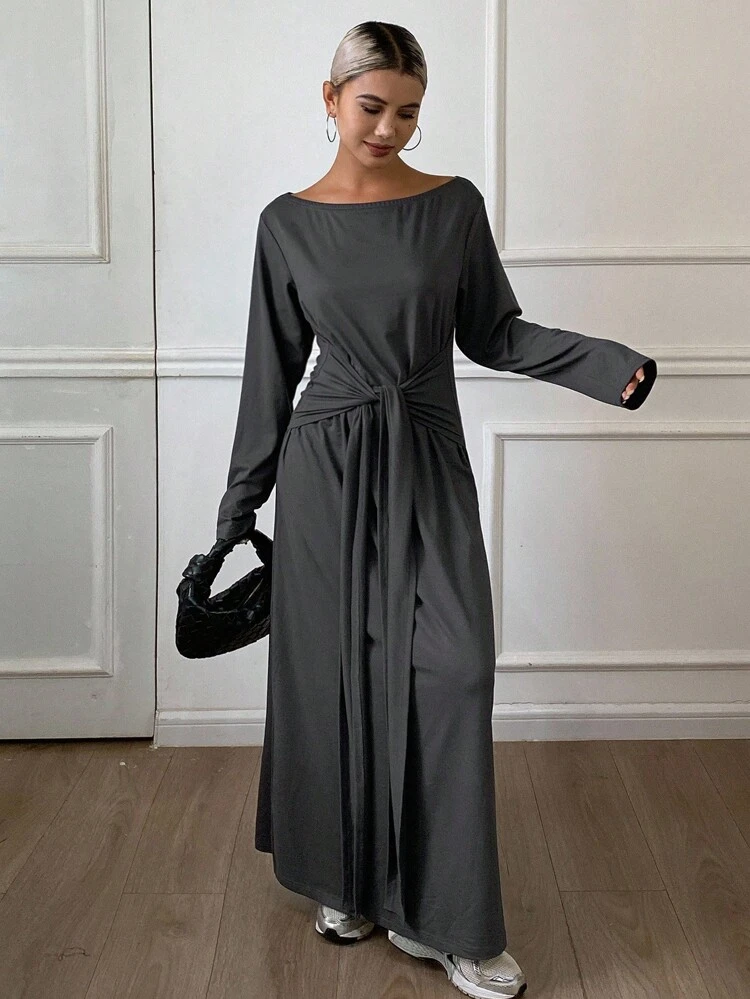 Women's Solid Color Off Shoulder Tie Waist Long Sleeve Casual Dress, Autumn/Winter