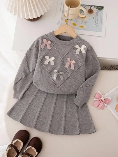 Souflis Souflis 2pcs Young Girl Cute Long Sleeve Bow Decor Sweater And Pleated Skirt Set, Autumn/Winter Fall