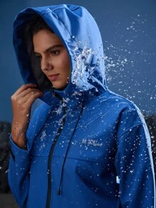 In My Nature 女式字母印花长袖拉链连帽户外雨衣夹克 - 藍色 - 查看 2