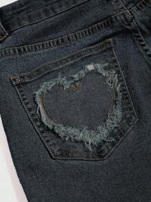 ROMWE Grunge Punk Sabuk Kanvas Gaya Grunge Vintage Kasual Musim Semi Y2K dengan Gesper Logam Berbentuk Hati, Celana Denim Lebar Ukuran Besar dengan Tampilan Sobek - Navy Blue - View 3