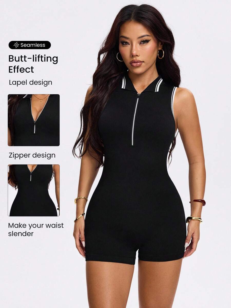 SHEIN Sport Studio Seamless High-Elasticity Rib Knit Zipper Sports Romper Fitness Romper Activewear Romper Bodysuit Romper Womens Romper
