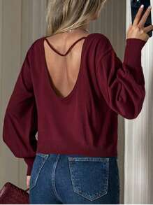 EURMUSE Chic Navy Knit Sweater With Dramatic Puff Sleeves, Fitted Cuffs, And Bold Deep Scoop Back Burgundy Top Open Back Top Fall Women Clothes Modest Old Money,Jumper,Cream Jumper,Jumpers,Black Jumper,Womens Jumper,White Jumper,Women's Jumper,Women's Jumpers - Burgundy - View 7