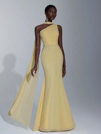 Elitara Elegant One-Shoulder, Oblique Shoulder, Wrap-Around Neck Flutter, Side-Draped Flutter (Multiple Ways To Wear), Chiffon Fabric Flutter Decoration, Gathered Waist, Suitable For Wedding Events Bridesmaid Dress Skirt