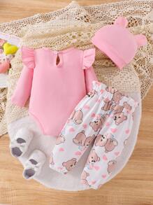 SHEIN Playful Pals Baby Mädchen Set aus Bodysuit mit Bären Muster und digital bedruckter Hose - Babypink - Übersicht 2