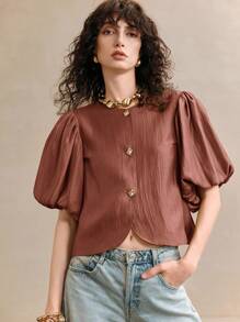 Arave 女式夏季编织闪亮金线泡泡灯笼袖圆领纹理设计衬衫，短袖上衣 - 紫紅色 - 查看 6