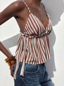 Maija 女士时尚度假休闲条纹印花吊带背心，荷叶边装饰，Y2K 风格衬衫，适合商务、休闲、海滩、节日、音乐节、万圣节、圣诞派对，露肩上衣 - 紅色 - 查看 2