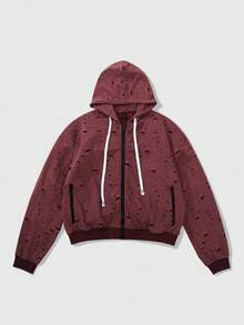 ROMWE MEN Grunge Punk Men's Streetwear Distressed Effect Hoodie Sweatshirt, American Style Design - Red - View 1