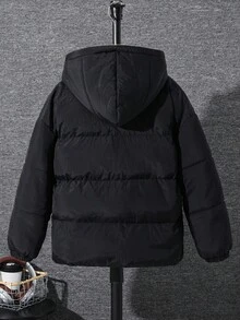 SHEIN 1 件青少年男孩休闲运动学院舒适厚中长款夹棉大衣，黑色灯芯绒缝线，冬季大衣，绗缝大衣适合返校，适合生日派对、晚会、表演、婚礼、洗礼、开幕式，适合日常使用，适合上学，适合旅行，适合运动，适合秋冬季节 - 黑色 - 查看 7