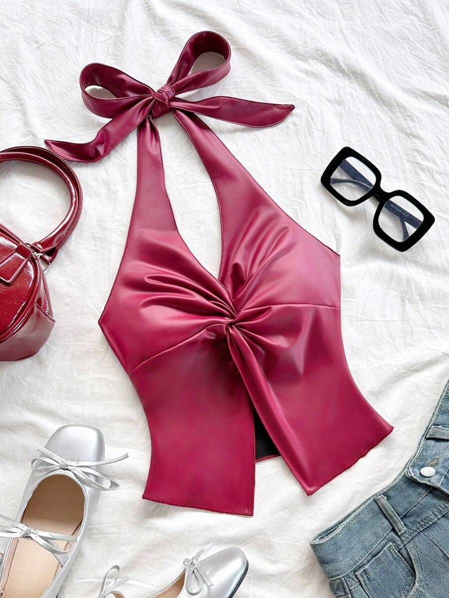 Soleia 度假时尚性感蝴蝶结吊带扭纹下摆开衩露背背心，仿皮，波西米亚风，波西米亚风，浪漫花卉仿皮上衣红色吊带上衣酒红色吊带上衣