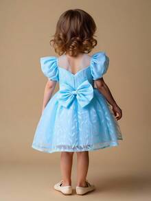 Glamorique Kids Baby Girls Light Blue Floral Summer Elegant Flower Girl Puff Sleeve Bow Embroidery Mesh Tulle Princess Dress,Wedding Party 1st Birthday Puffy Dress - Blue - View 5