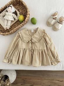 Vintaside Kids 女童彼得潘领衬衫，长袖，可爱时尚，百搭春秋休闲衬衫，田园风，可拆卸蝴蝶结装饰，优雅甜美 - 卡其色 - 查看 7