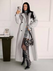 SHEIN Tall 女士时尚双排扣加长大衣，秋冬 - 灰色 - 查看 5