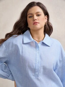 Zelara 大碼條紋印花半排扣落肩袖襯衫 - 藍白色 - 查看 6