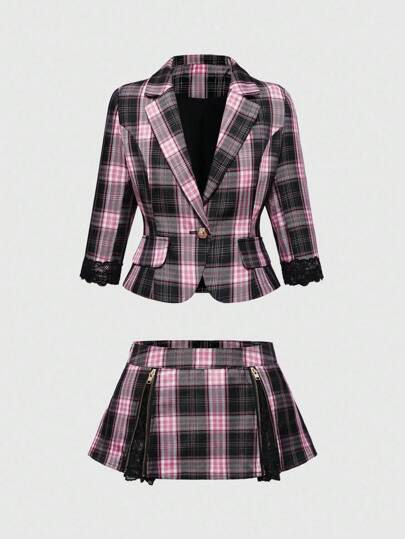 J-Fashion Y2K Harajuku Himekaji Style Sweet Plaid Lace Oversized Bow Suit Plaid Skirt 2 Pieces Set