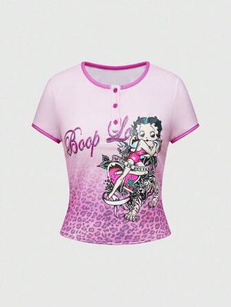Betty Boop | ROMWE Camiseta de estilo callejero con estampado de leopardo rosa y figura, estilo Y2K Baddie