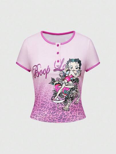 Betty Boop | ROMWE قميص بطبعة الفهد والشكل الرسومي بطراز الشارع الوردي Y2K Baddie