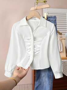 SHEIN Tween Girl Casual Academy Commute Elegant Fitted Collared Button-Front Ruched Gathered Long Sleeve Blouse White Suitable For Back To School, Outings, Parties, Gatherings And More - White - View 2
