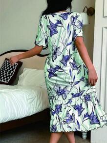 Serenescape 全身花卉印花生菜下摆休闲女式睡袍 - 綠色 - 查看 2