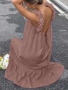 Serisse 女式纯色 3D 花卉装饰荷叶边下摆休闲连衣裙 - 藕粉色 - 查看 2