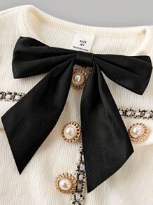 SHEIN Serisse Kids 年轻女孩优雅丝带拼布撞色蝴蝶结装饰长袖中长连衣裙，适合返校和活动 - 白色 - 查看 7