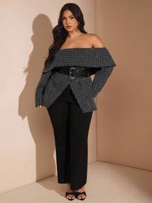 SHEIN BAE Sacou texturat alb-negru pentru femei, mărime mare, cu mânecă lungă, cu umeri goi - Negru - Vizualizare 3