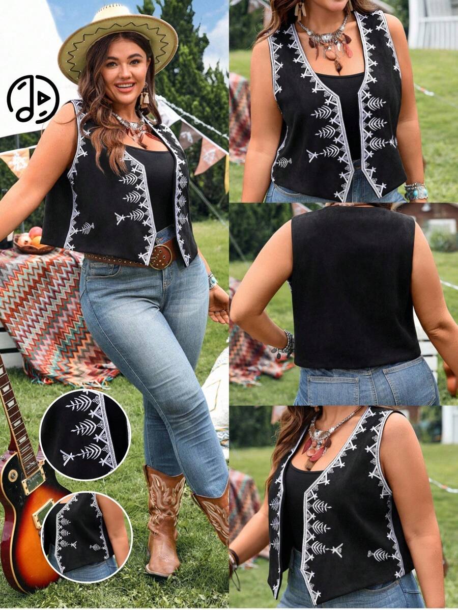 EMERY ROSE 加大码女式西式刺绣开襟背心夏季西式服装、秋季、乡村音乐会、西部、波西米亚风、音乐会、秋季 - 黑色 - 查看 1