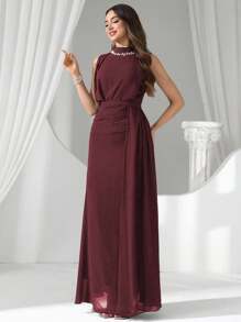 Coutiva Vestido de noche de lujo, cuello de lentejuelas y perlas, vestido de fiesta elegante de alta gama