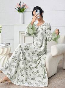 Yasmyna Túnica larga tradicional turca y árabe para mujer con estampado de acuarela, mangas acampanadas y ribete de encaje