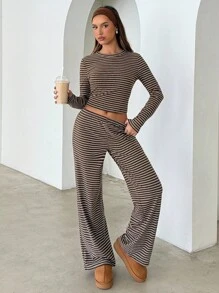 Aloruh Women's Casual Homewear Pajama Set, Includes Striped Crew Neck Long Sleeve Tee And Loose Striped Straight Leg Pants, Suitable For Daily Wear, Sports, Autumn/Winter, Back To School Clothes Brown Striped Two Piece Set - Brown - View 3