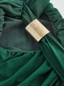 SHEIN MOD 女式纯色简约休闲中长不对称连衣裙 - 墨綠色 - 查看 3