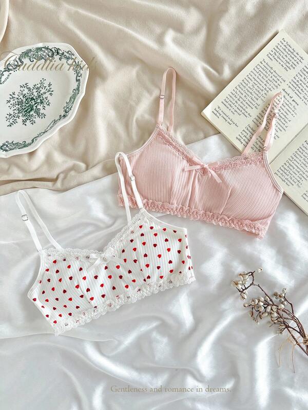 Girls' Dreamy Lace & Ribbed Fabric Floral Print Bra Set, Comfortable Lightweight Cotton Cup, Elastic Ribbed Fabric, Sweet Girl Style Two Pieces Underwear Set Cute Bra And Panty Set Cute Lingerie Kawaii Lingerie Heart Lingerie Lace Bra And Panty Set
