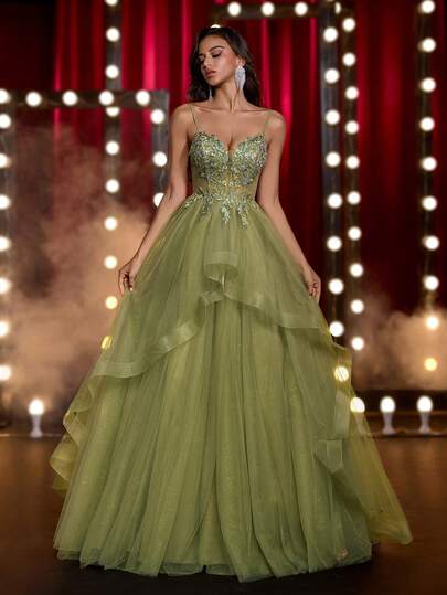 Glamrae Elegant olivgrön spetsklänning med justerbara axelband, djup V-ringning, fiskbensformad, knytband i ryggen, sjöjungfrufåll med volang, lager-på-lager-kjol i nät, lämplig för formella tillfällen och aftonklänningar (utsmyckad design)