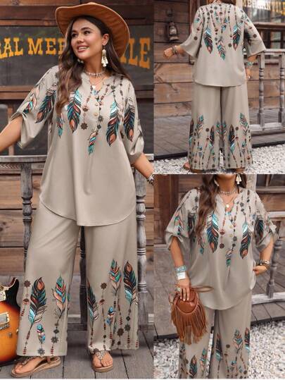 EMERY ROSE 2 Pieces Set Plus Size Women Spring Autumn Casual Vacation Feather Print Notched Neck Roll Tab Sleeve Loose Top And Wide Leg Pants Western Outfits Plus Size Blouse And Pants Set Western Wear Women Outfit Fall Women Clothes Country Concert Outfit Rave Outfits Festival Western Wear Women,Holiday Outfits For Women,Flower/Summer